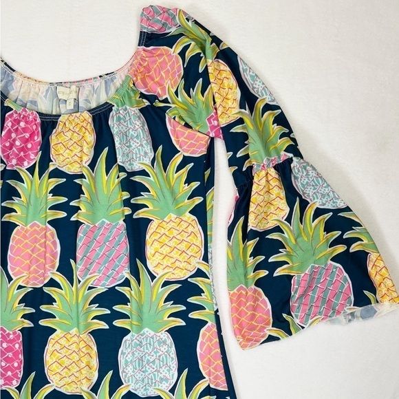 SIMPLY SOUTHERN Preppy Tropical Bell Sleeve Colorful Pineapple Mini Dress Size S - Picture 6 of 13